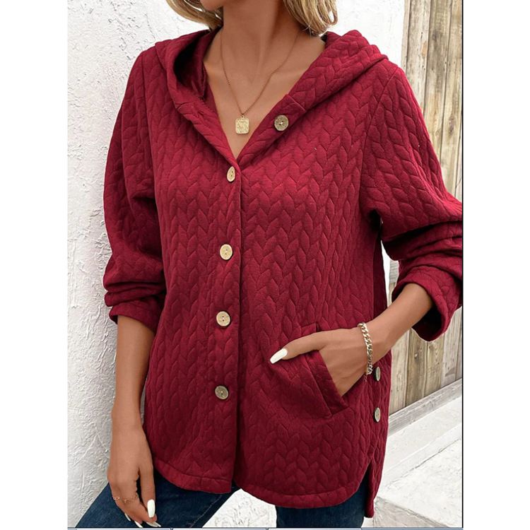 Damenbekleidung Damen einfarbiges Kapuzen-Knopf-Spleißen Langarm-Sweatshirt für Damen_voghion.com