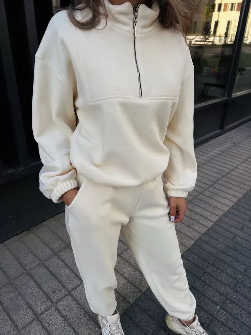 Lässiges Set aus Fleece-Kapuzenpullover und Jogginghose für Damen – locker sitzendes Sweatshirt mit Stehkragen und Hose mit elastischem Bund (Beige, Dunkelgrau, Khaki)_voghion.com