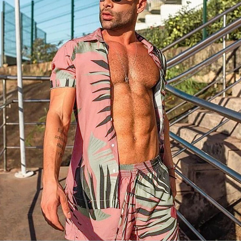 Completo da spiaggia ampio da uomo a maniche corte stampato a tre colori, completo in due pezzi comodo e casual_voghion.com