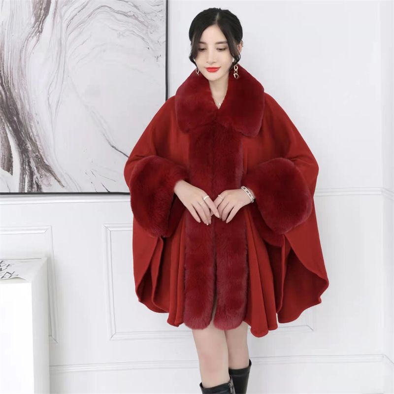 Scialli da donna, moda autunno e inverno, nuovi, larghi, taglia grande, cappotto con collo in pelliccia, maglione, abbigliamento esterno, medio lungo, tinta unita, mantello, scialle 1188_voghion.com