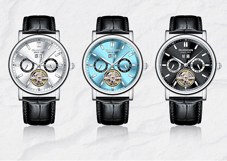GUANQIN Tourbillon Mechanische Multifunktionale Luxus Herren Armbanduhr Leuchtend Wasserdicht Lederband Automatik Uhr Saphir_voghion.com