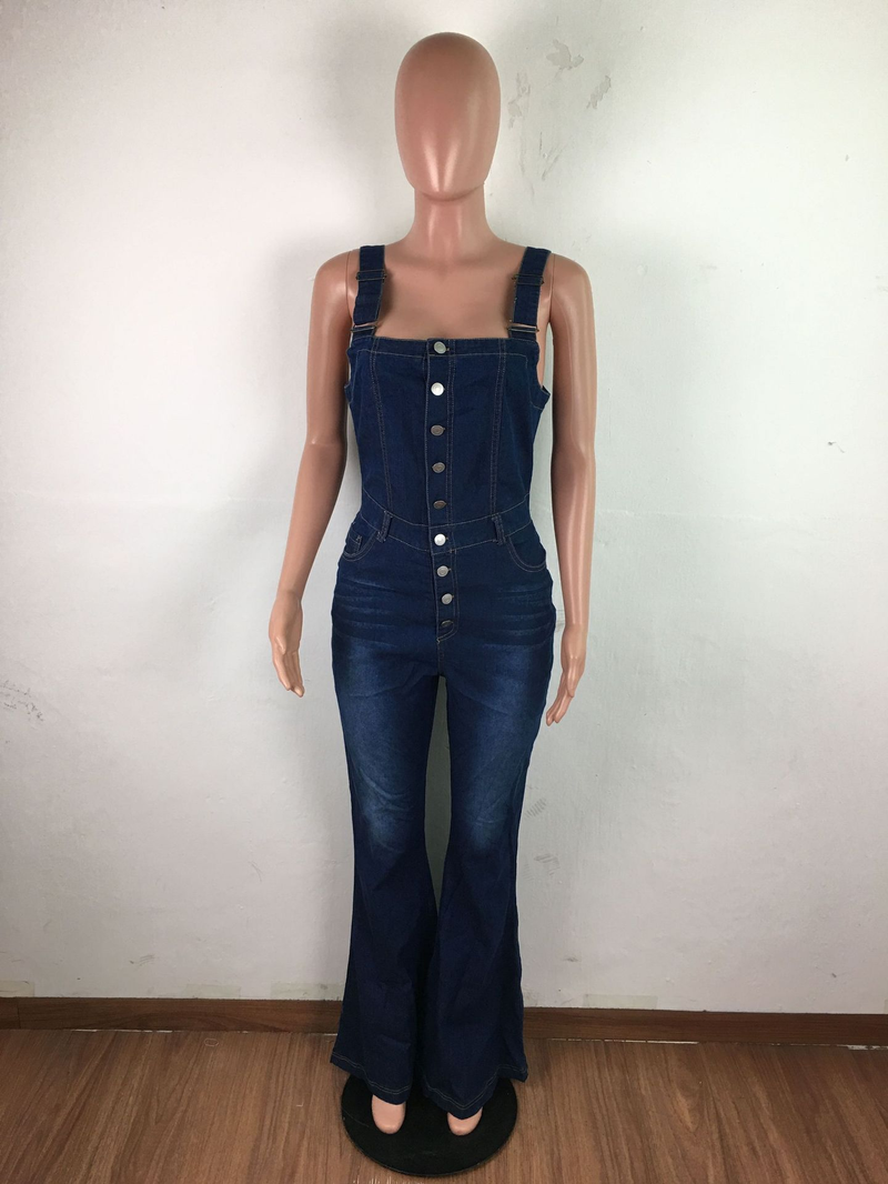 Roupas femininas Casual Sexy Suspensórios Denim Macacão Calças de perna larga_voghion.com