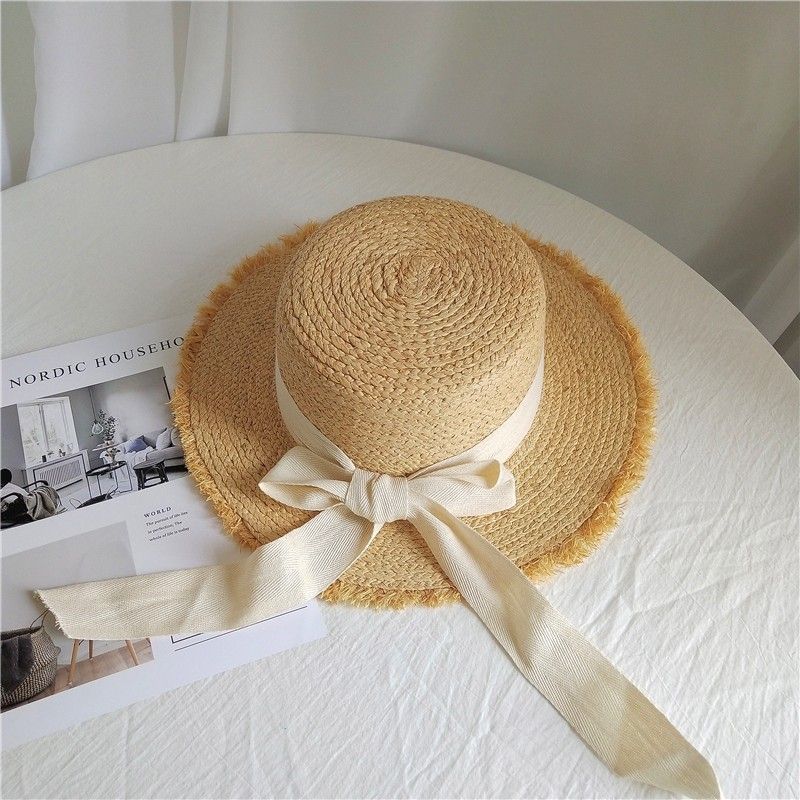 Hot Sale New Summer Wacation Natural Lafite Women's Handmade Woven Beach Straw Hat Tassel Splicing Design_voghion.com