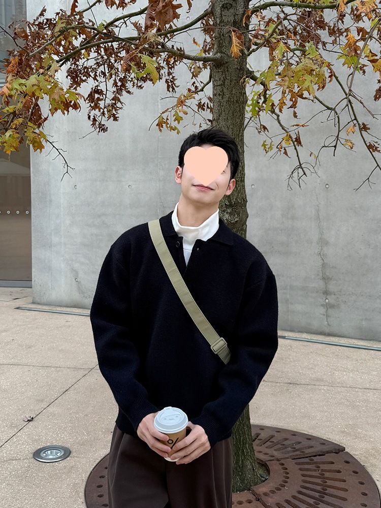 Schwarzer Pullover mit Umlegekragen, gestricktes Basishemd für Männer, Frühling 2025, neuer lässiger Langarmpullover im lockeren Stil_voghion.com