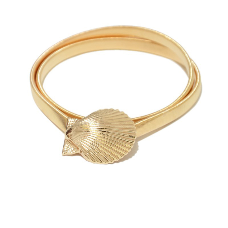 Modischer und trendiger neuer Gürtel, elastische Taillenkette aus Metall für Damen, Schnallengürtel mit goldener Muscheldekoration_voghion.com