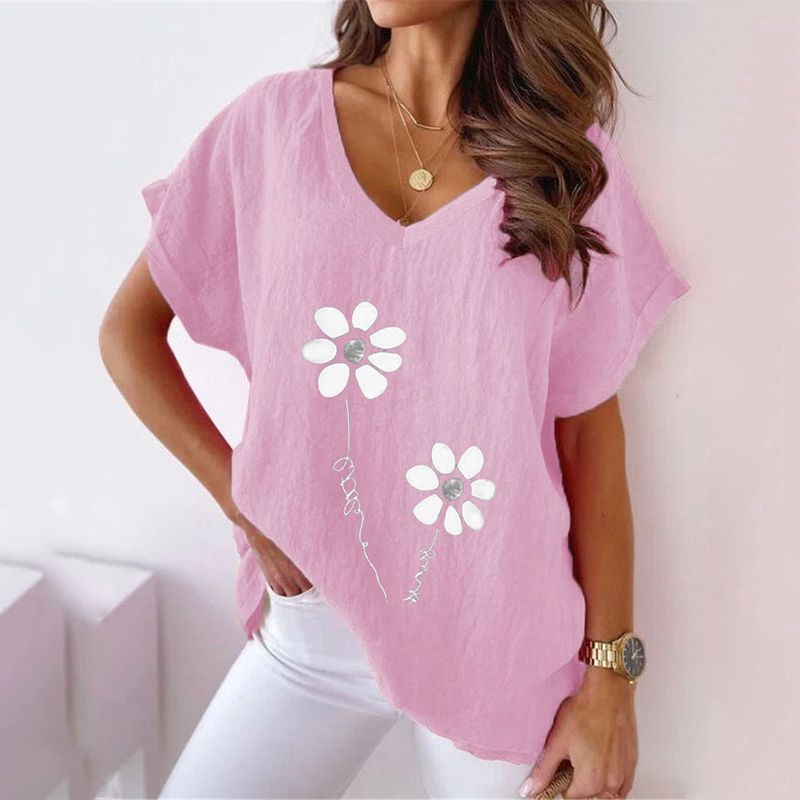 Maglietta casual a maniche corte con scollo a V e stampa in cotone e lino, da donna, taglie forti, estate 2025_voghion.com