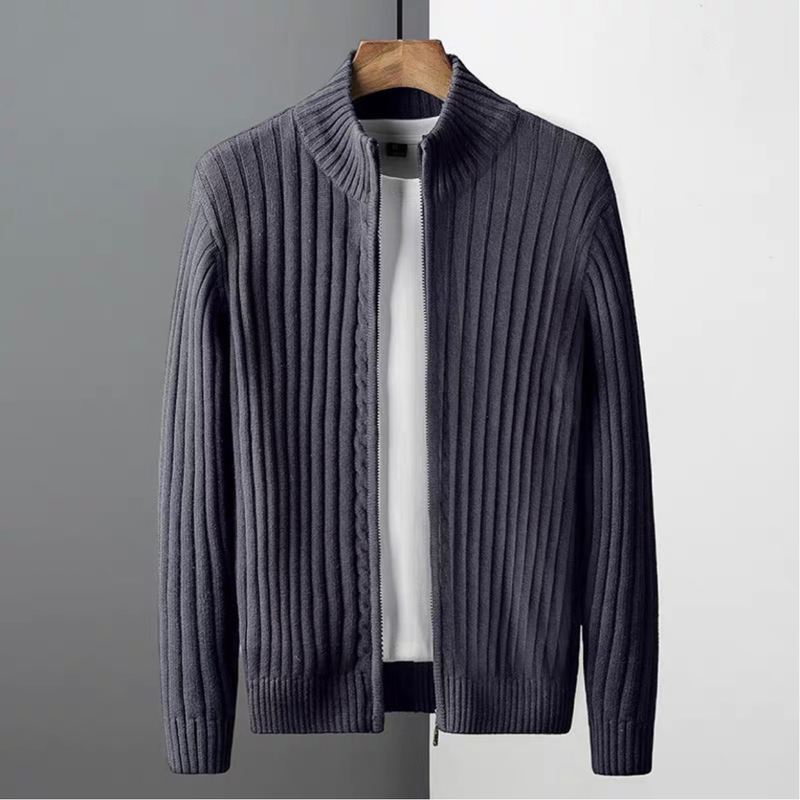 Men's Chunky Knit Cardigan With Zipper - High Collar Casual Sweater For Autumn & Winter, Stretchy & Machine Washable, Trendy Cable Knit Design_voghion.com
