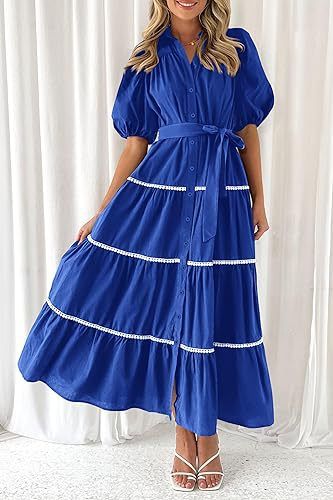 Abito camicia a maniche corte con pieghe a strati in pizzo con maniche a sbuffo da donna_voghion.com