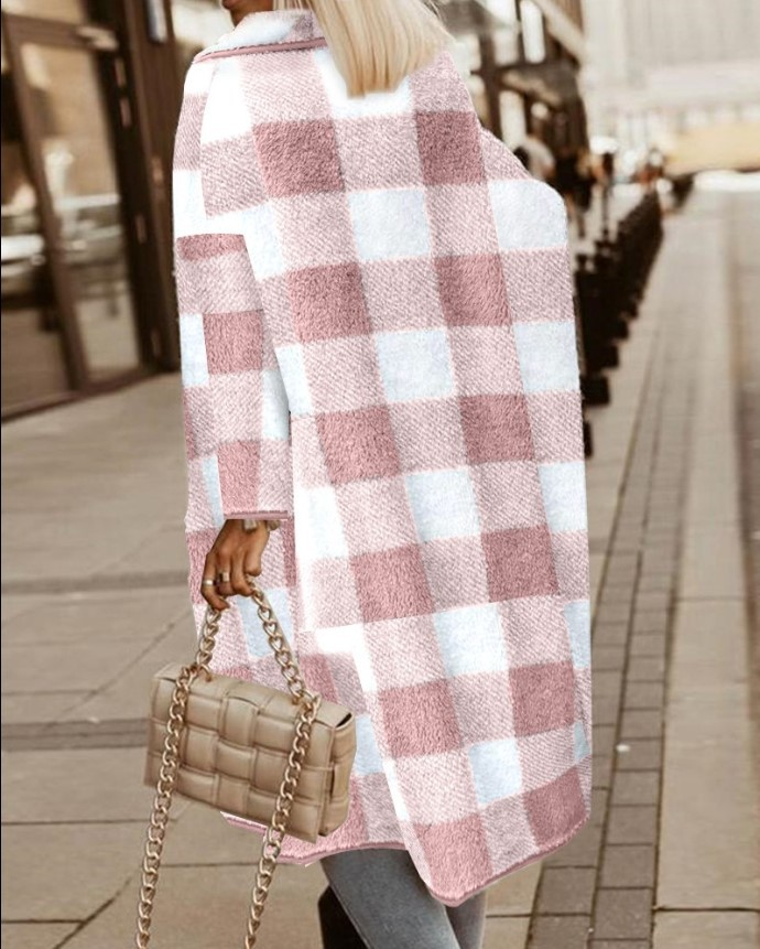 Damenbekleidung Mode karierte Wolljacke mittellanger Mantel_voghion.com