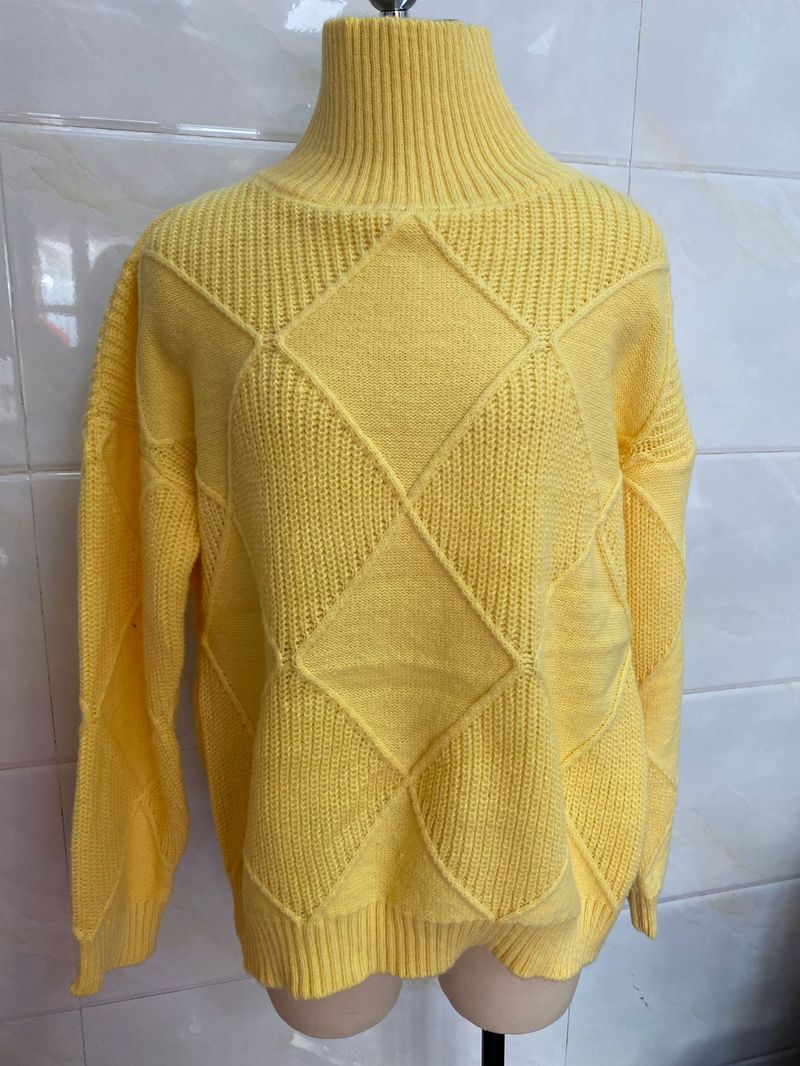 Cesur Geometrik Örgü Kazak - 3D Jakarlı Büyük Boy Yüksek Yaka Kazak (S-XL, Akrilik-Naylon Karışımı, Dondurma Renk Paleti)_voghion.com