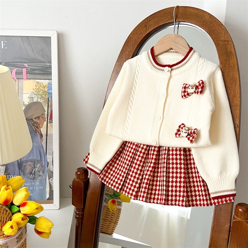 Completo in maglia per bambine con motivo scozzese - Completo morbido e confortevole in 2 pezzi per bambine piccole e medie (3-8 anni, 100-140 cm)_voghion.com