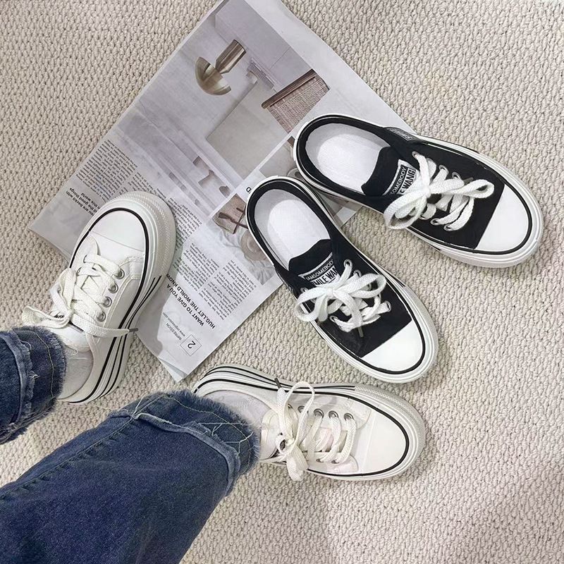 2025 Summer New Thick Soled Tall Slippers For Lazy Women, Trendy Half Dragged Fashion Casual Canvas Shoes_voghion.com