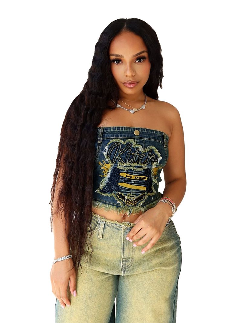 Women's Clothing Stretch Denim Fabric Patch Embroidery Denim Top_voghion.com