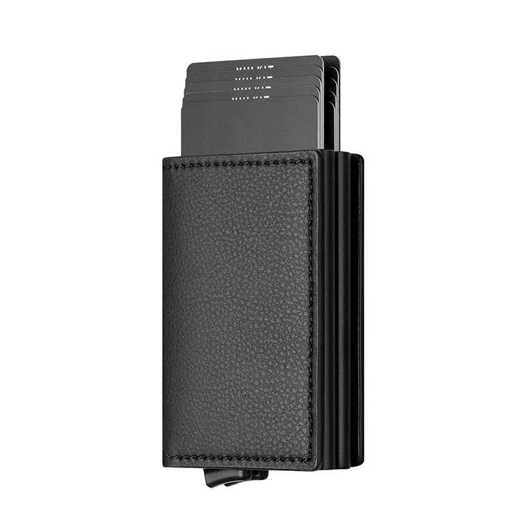 Cartera para tarjetas de crédito con función anti-RFID y ranuras para múltiples tarjetas, con expulsión automática, de cuero genuino y doble caja de aluminio._voghion.com