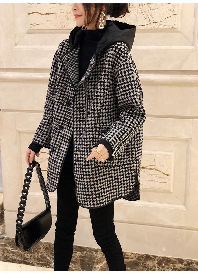 Abbigliamento da donna cappotto di lana con cappuccio pied de poule di media lunghezza cappotto di lana alla moda sottile_voghion.com
