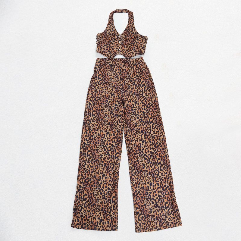 Vêtements pour femmes, haut sexy à boutons et col licou, pantalon à taille élastique, imprimé léopard, ensemble deux pièces_voghion.com