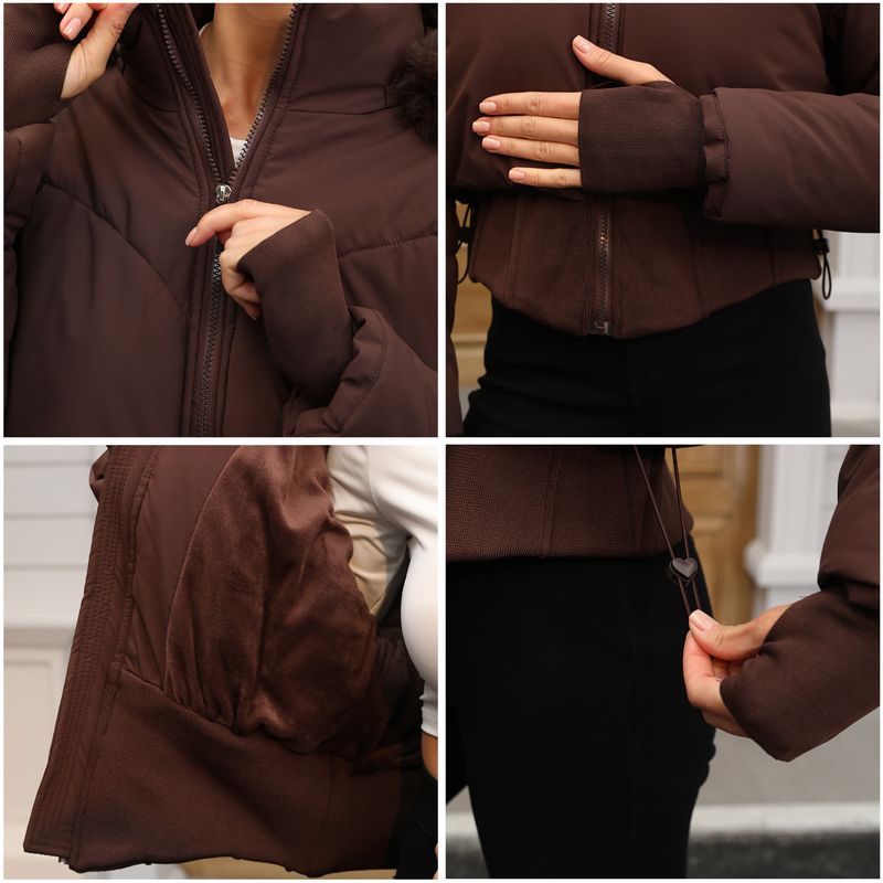 2025 Kurzjacke mit großem Pelzkragen und Kapuze für Damen, Herbst und Winter, neuer, dicker, warmer Baumwollmantel mit Taillenzug_voghion.com