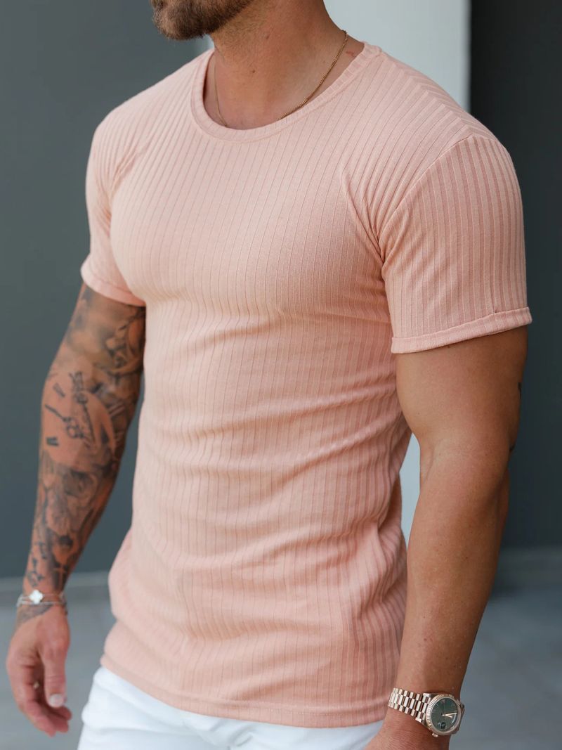 Men's Summer Stretch Fitness T-Shirt - Breathable Polyester Workout Tee With Striped Design, Comfortable Round Neck Short Sleeve For Gym, Casual Wear_voghion.com