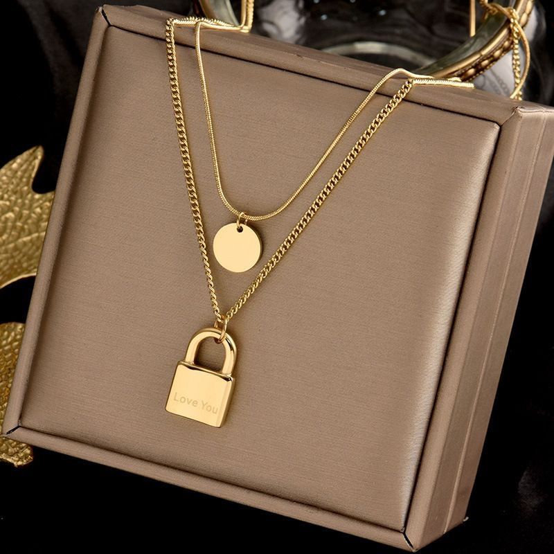 Collana con lucchetto a doppio strato in acciaio al titanio, popolare su Internet, casual alla moda, versatile, cool e indifferente_voghion.com