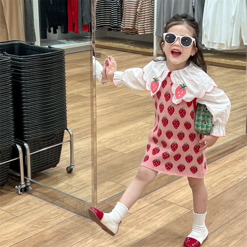 2024 Primavera Nuovo Coreano Bambini Vestiti Carino Ricamato Colletto Camicia Fragola Maglia Canotta Gonna per Ragazze_voghion.com