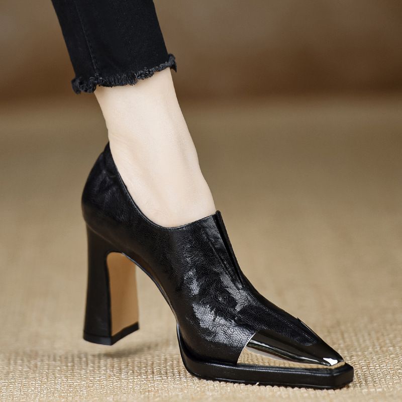 Elegant British Style Pointed Toe Women's Pumps With Metal Accent & Anti-Collision Design - Black & Brown Chunky Heel Dress Shoes_voghion.com