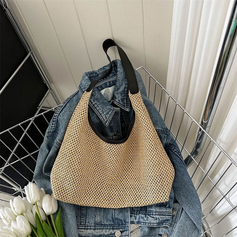 Trendy Korean INS Woven Tote Straw Large Capacity Underarm Shoulder Beach Bag For Women_voghion.com