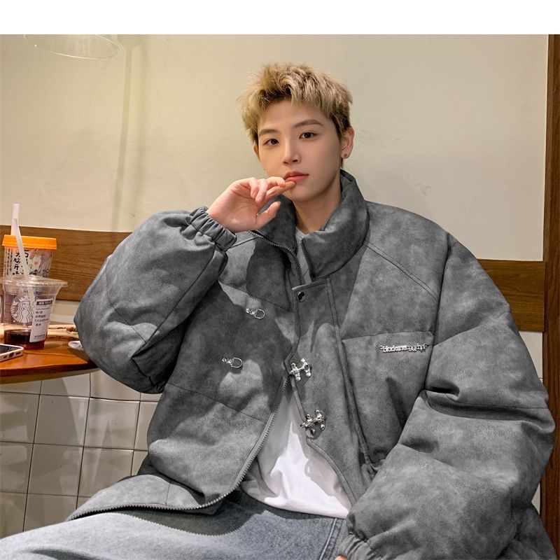 Hue Hue PU Leather For Men Winter Metal Airplane Buckle American Style Coat Thickened Warm Loose Puffer Cotton Padded Jacket_voghion.com