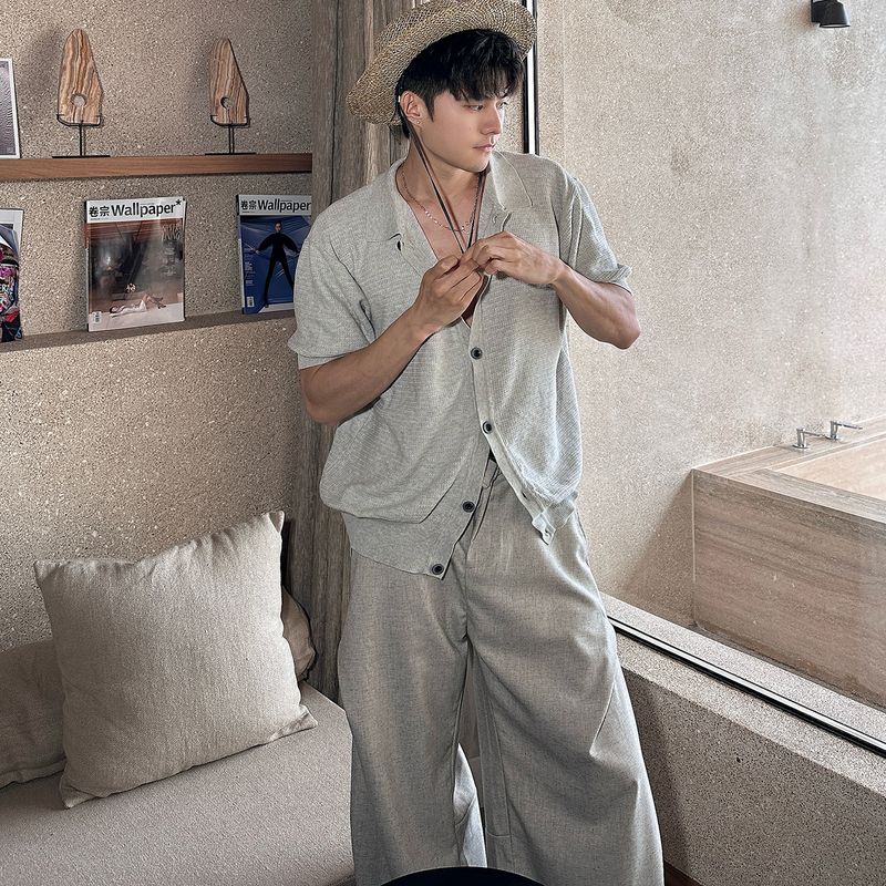 Souh Korea Dongdaemun Men's Fashionable Casual High-Qualiy Turn-Down Collar Knied Cardigan Shir Shor Sleeve_voghion.com