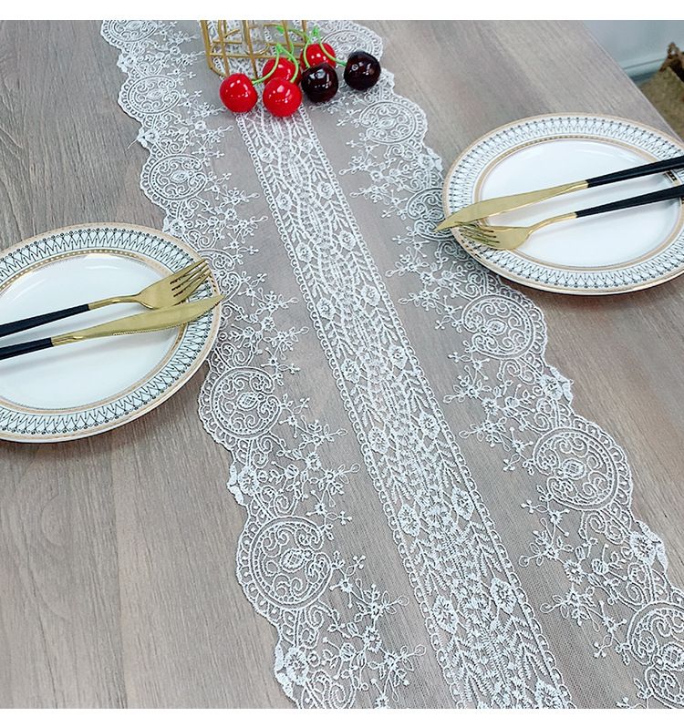 Lace Table Runner Set - Elegant Dust Cover For Coffee Table TV Stand Dresser & Shoe Cabinet 3-Piece Decorative Linen Fabric With Tassel Trim_voghion.com