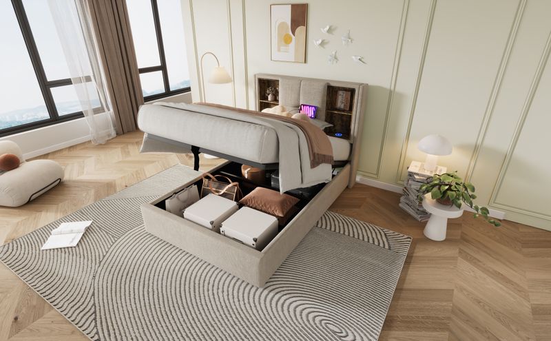 Lit simple avec recharge sans fil USB-C, cadre de lit rembourré avec rangement 90 x 200 cm, sommier à lattes en bois, tissu en lin naturel (avec matelas)_voghion.com