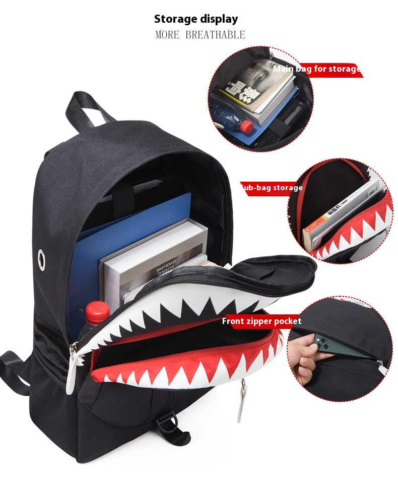 Batoh Nightglow pro muže s velkými ústy, žraločí USB funkce, studentský batoh, personalizovaný moderní styl, Guangzhou_voghion.com