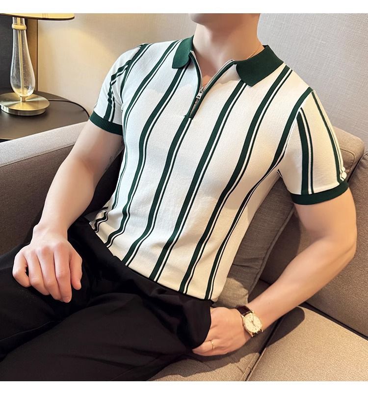 Abbigliamento maschile Polo da uomo in seta lavorata a maglia di alta qualità, a maniche corte, stile estivo, alla moda, a righe, con cerniera_voghion.com