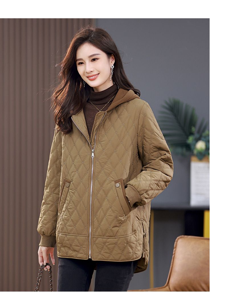 Damen Steppjacke neuer Stil mittellang modischer West-Stil Raute lässig dünner Baumwollmantel_voghion.com