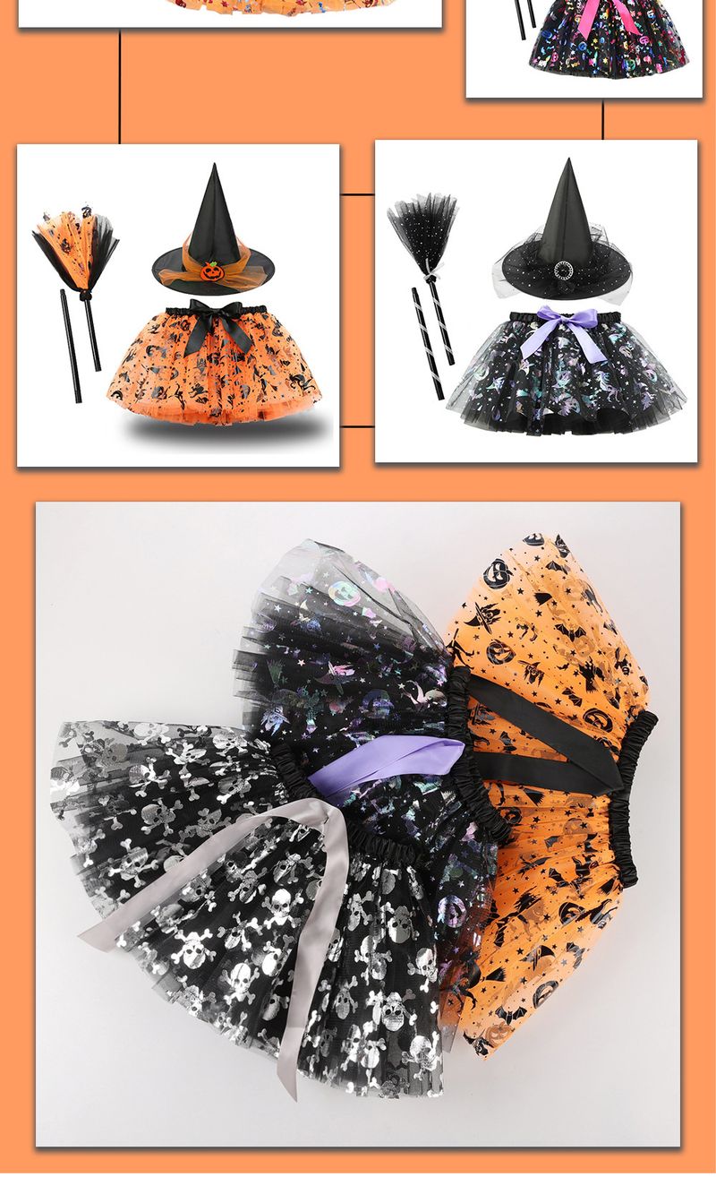 Set di abiti tutù di Halloween per bambine - Costume con cappello da strega, scopa e gonna in tulle (3 pezzi) - Taglie S/M/L_voghion.com