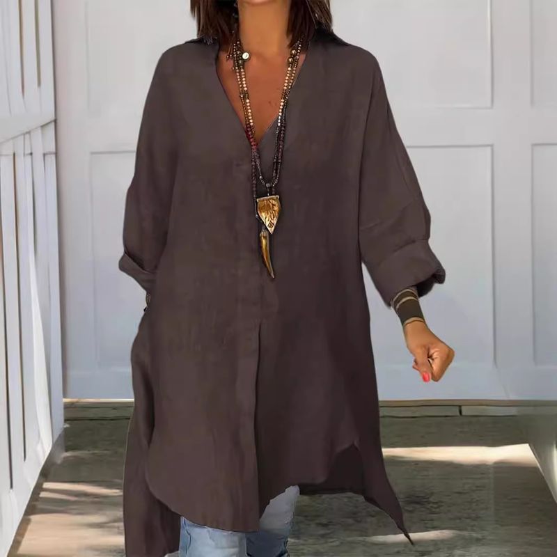 Abito camicia casual da donna in cotone e lino con spacchi larghi_voghion.com