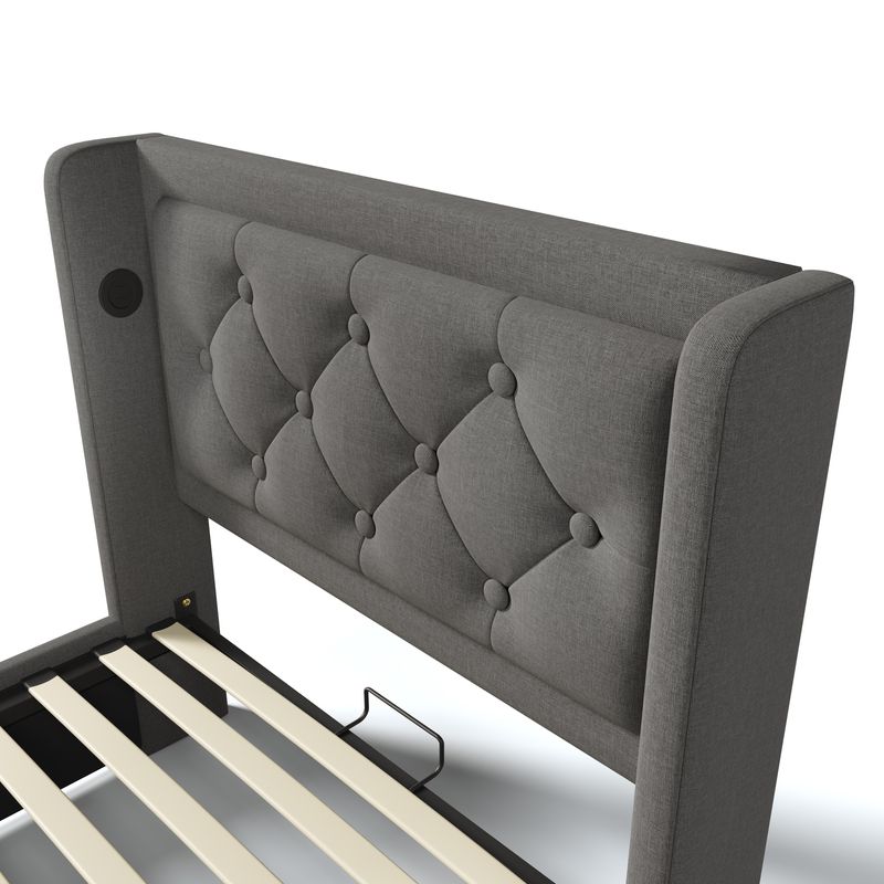 Polsterbett Doppelbett 90*200 Cm,Grau Baumwolle-Material Hydraulisches Stauraumbett, Gepolstertes Kopfteil Mit USB Typ-C Ladefunktion, 3-seitige LED-Funktion(Mit Matratze)_voghion.com