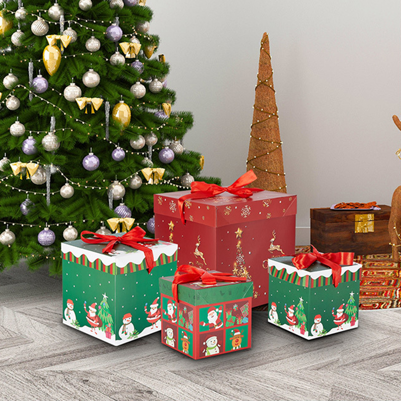 Goodfortune 3 peças caixa de natal dobrável cor brilhante estilo natal boneco de neve padrões gravata borboleta feliz natal caixa de presente para festival_voghion.com