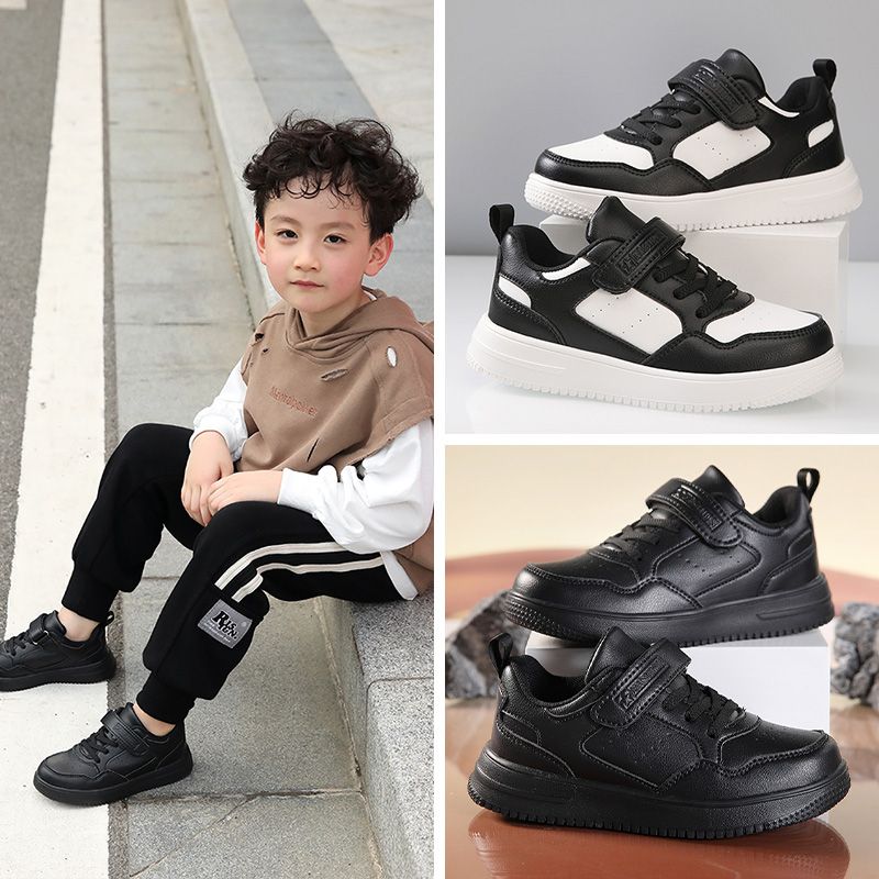 Baskets décontractées en cuir noir pour enfants, chaussures de marche plates antidérapantes pour filles, chaussures de sport légères et de Tennis_voghion.com