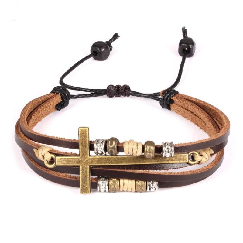 Bracciale in pelle marrone con croce e perline di legno nero, intrecciato multistrato, regalo religioso per donna_voghion.com