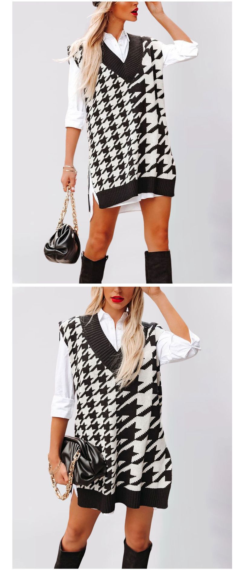 Damen Lockerer V-Ausschnitt Thousand Bird Grid Strickpullover Ärmellose Weste Weste_voghion.com