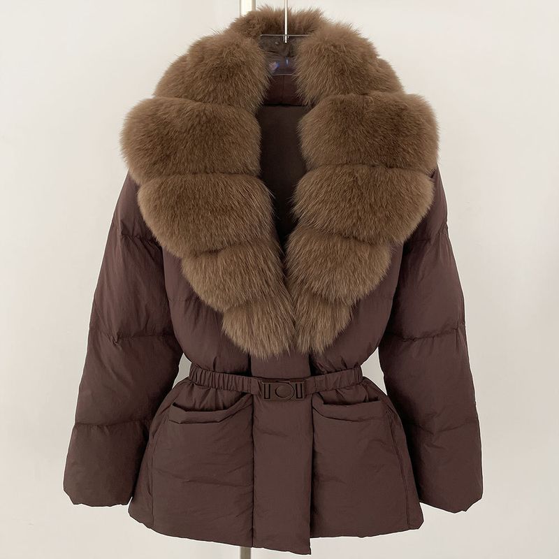 Eleganter Damen-Langdaunenmantel mit Fuchspelzbesatz, schmale Taille, 90 % weiße Entendaunen, warme Winterjacke_voghion.com