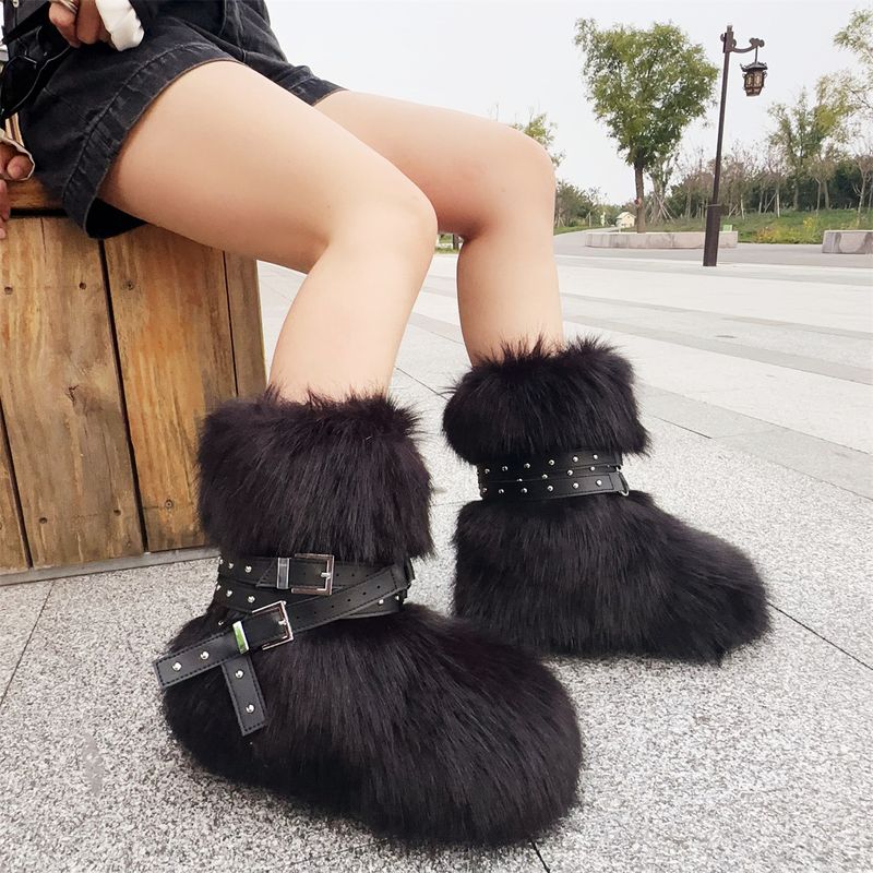 Botas de invierno con plataforma plana estilo punk para mujer, con tachuelas y piel sintética: antideslizantes, cálidas y a la moda (varios colores y tallas disponibles)._voghion.com