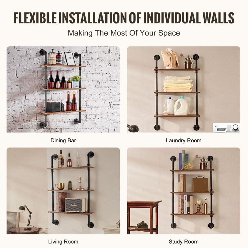 3-Tier Industrial Pipe Shelf, 24x7.87 Inches, Wall-Mounted Storage Solution For Kitchen And Bedroom, Space-Saving Design_voghion.com