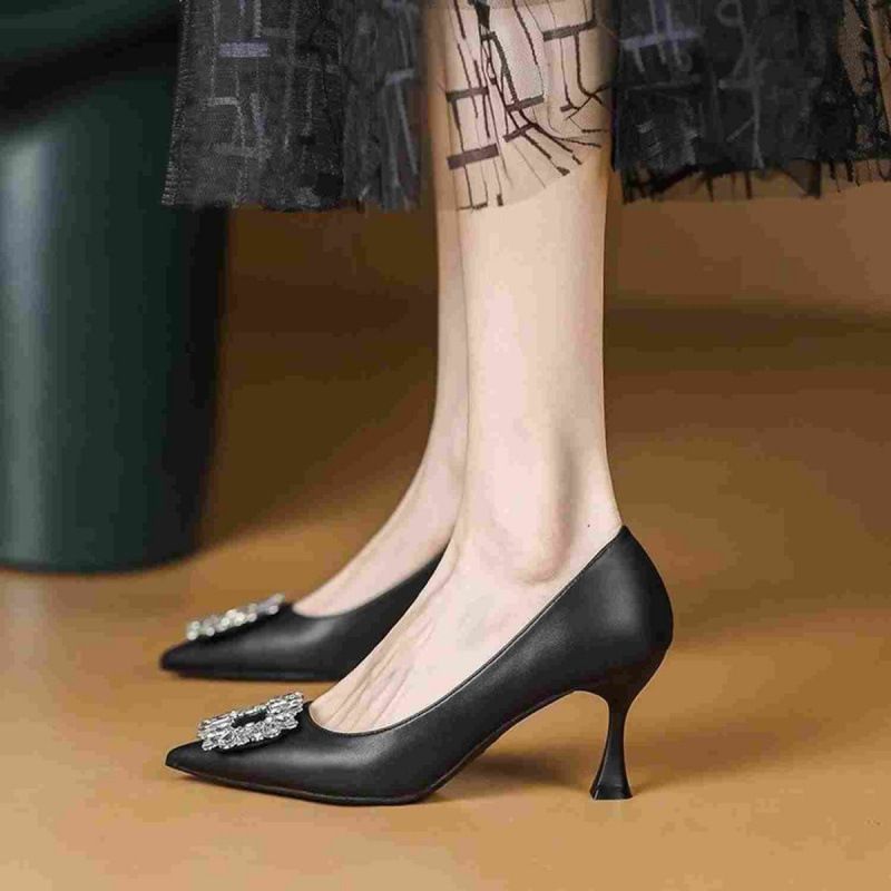 High Heels 2025 Pointed French Rhinestone Work Shallow Mouth Slim Follow-up Temperament New Women's Shoes Cat Heel_voghion.com