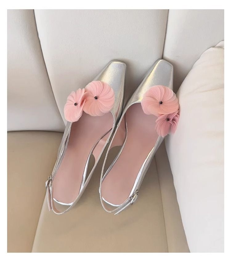 Sandales à bride arrière à bout fermé pour femme, version peau de mouton, motif floral, style féerique, bout carré, style peu profond_voghion.com