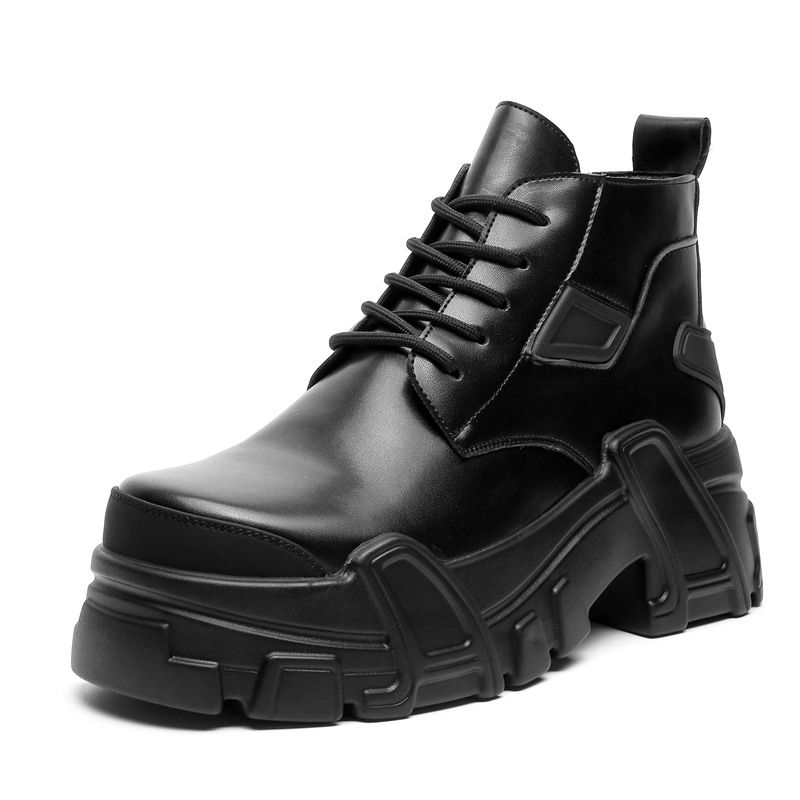 Men's Commuter Big Head Casual Leather Shoes, High Sense Of Heightening, Round Head Martin Boots_voghion.com