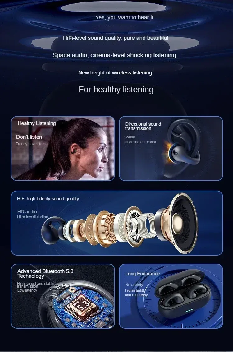 NEW Bluetooth 5.3 Wireless Bone Conduction Headphones T75 Clip Ear Music Noise Canceling Headset HD Call Sports Gaming_voghion.com