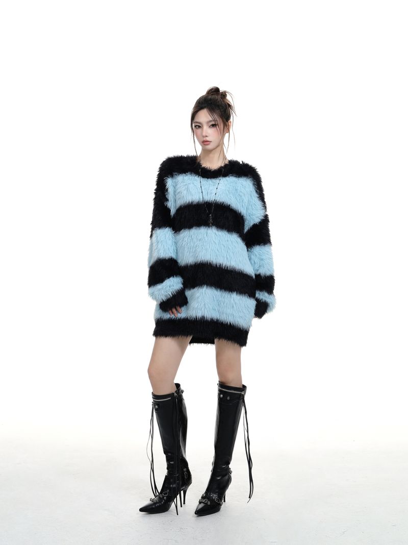 Fluffy Blue Striped Mink Velvet Soft Sweater Women, Thickened Mid-Length Mohair Knitwear For Spring And Autumn_voghion.com