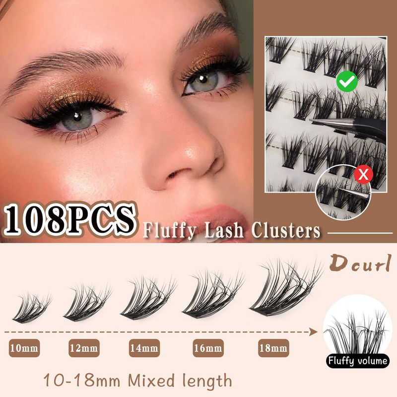 CMAYOME 108 Pcs Fluffy D-Curl Cluster Lashes Kit - 10-18mm DIY Extension Individual False Eyelashes Set With Lash Glue, Tweezers & Brush_voghion.com