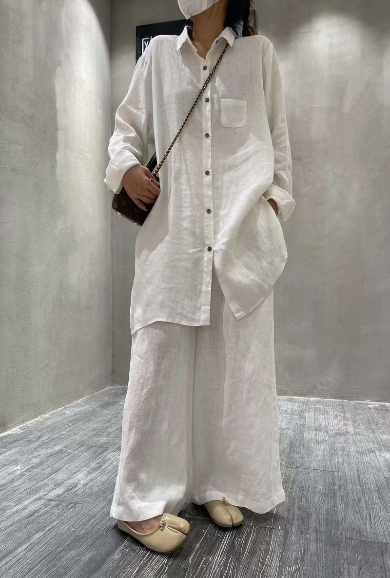 Damenbekleidung, Leinen, einfarbig, mittellanges Anzughemd + Freizeithose, lässiges All-Match-High-End-Shirt für Damen_voghion.com